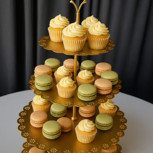 Gold metal cake stand and cupcake stand for elegant dessert display.