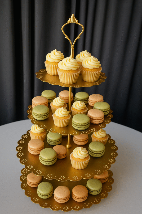 Gold metal cake stand and cupcake stand for elegant dessert display.