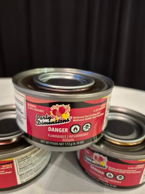Methanol gel chafing fuel can for food warming.