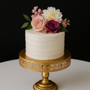 Gold round cake stand for elegant dessert display.