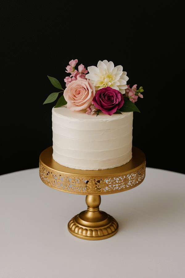 Gold round cake stand for elegant dessert display.