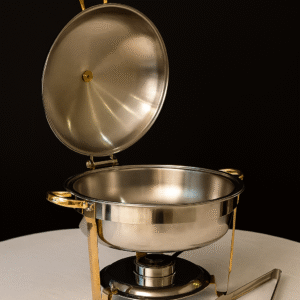 Round stainless steel chafing dish for buffet and catering service.