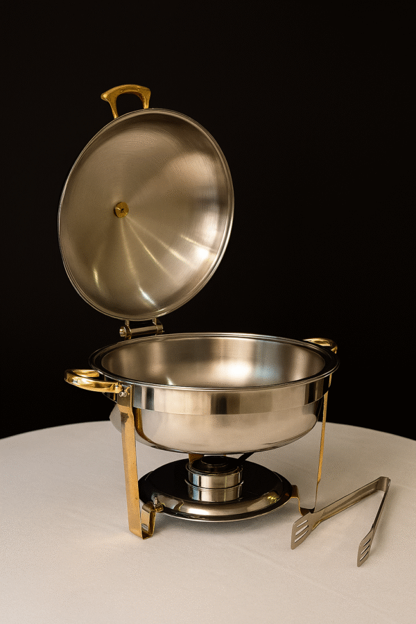 Round stainless steel chafing dish for buffet and catering service.