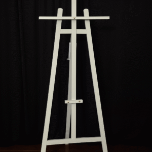 White wooden easel stand, 65 inch high, for outdoor and indoor event displays.