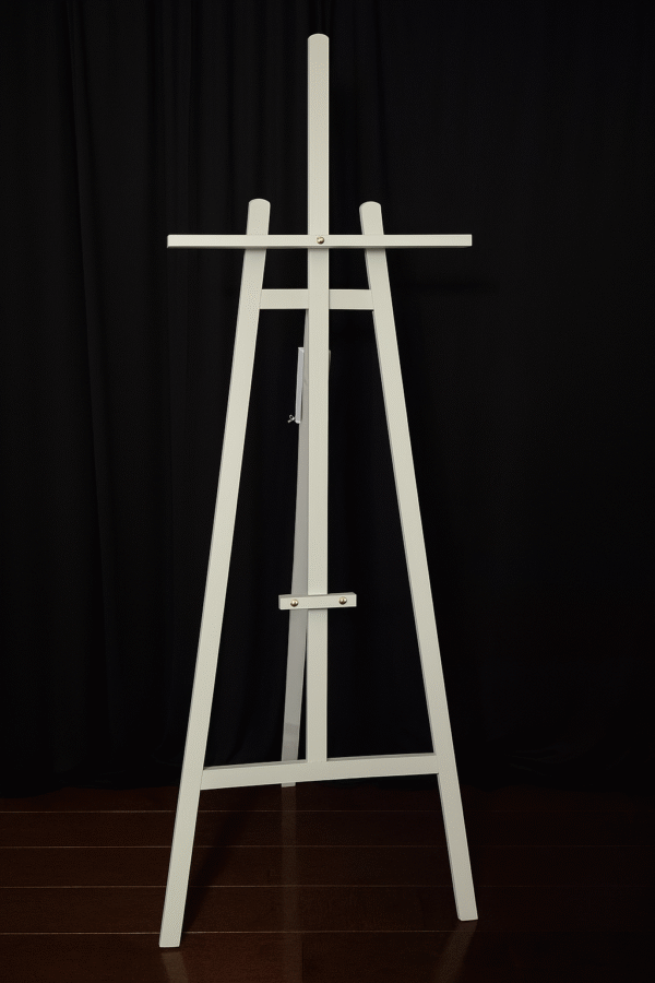 White wooden easel stand, 65 inch high, for outdoor and indoor event displays.
