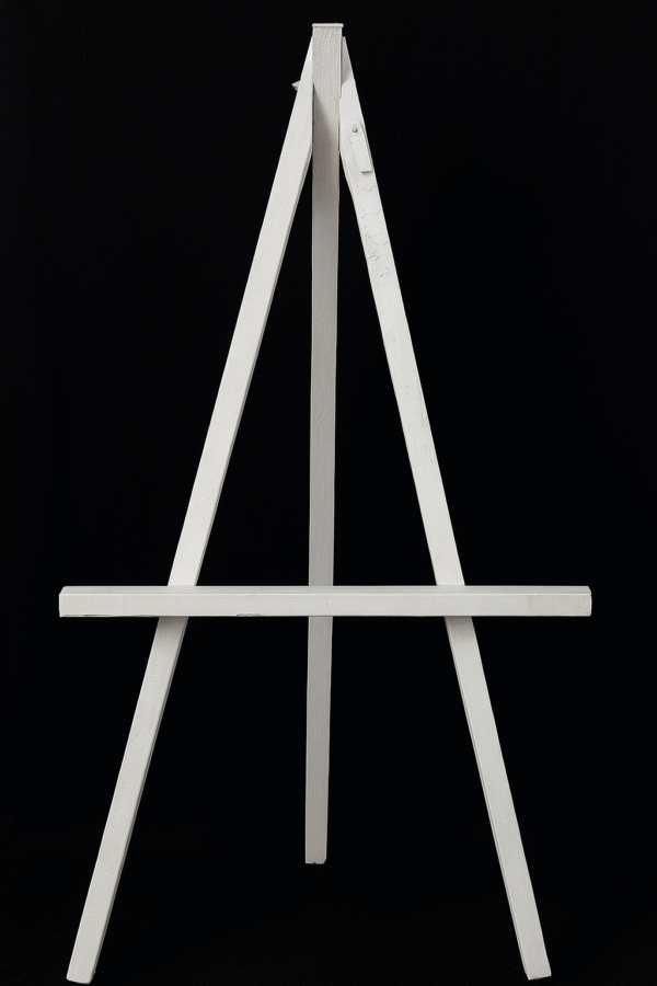 White wooden easel stand, 60 inch high, for indoor and outdoor event displays.