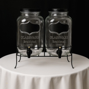 Glass beverage dispenser with stand for serving drinks at events.