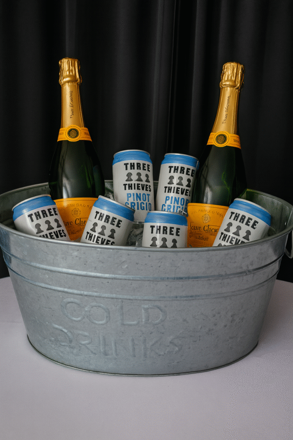 Large silver galvanized ice bucket with handles for party or event use