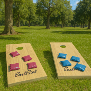 Solid wood cornhole set with durable cornhole boards for events and parties.
