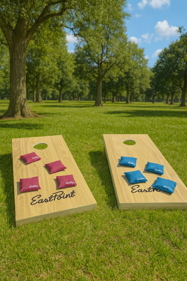 Solid wood cornhole set with durable cornhole boards for events and parties.
