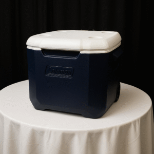 Wheeled cooler with handles for easy transport at events.