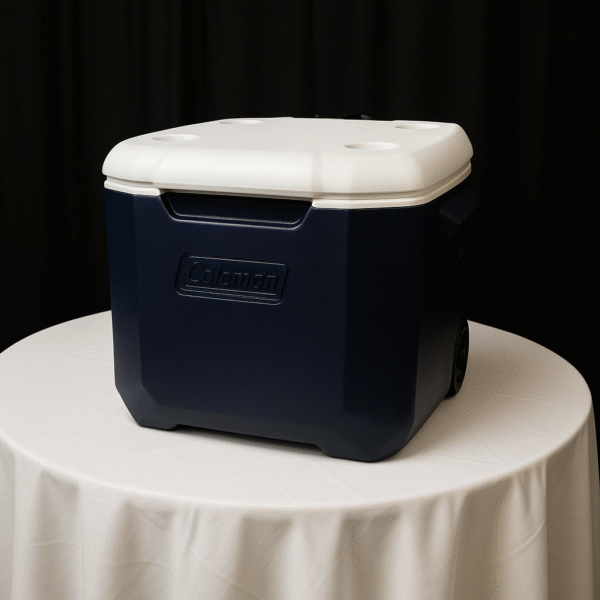 Wheeled cooler with handles for easy transport at events.