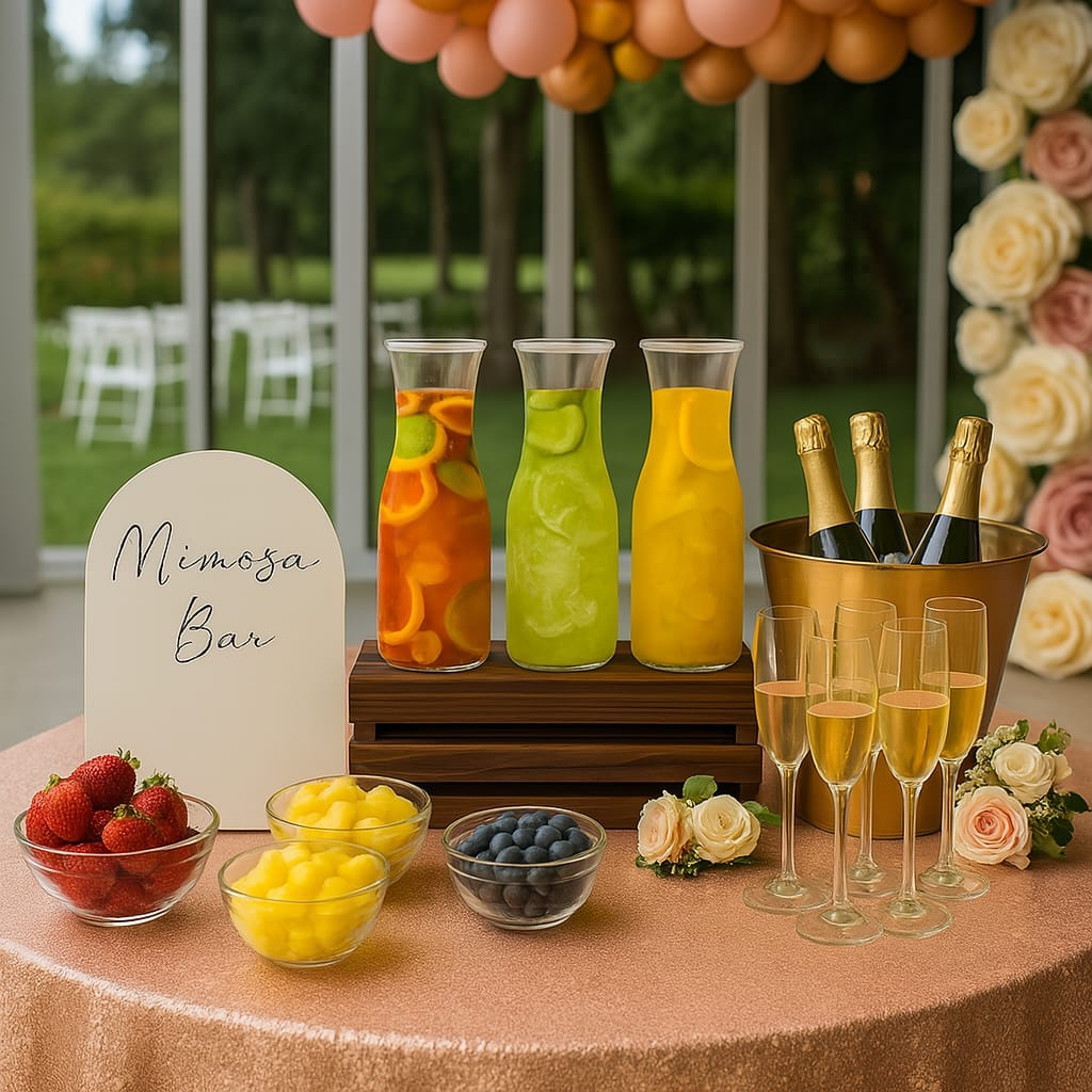 Mimosa bar table setup for parties and events.