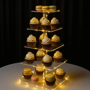 Acrylic cupcake stand for displaying desserts at events.