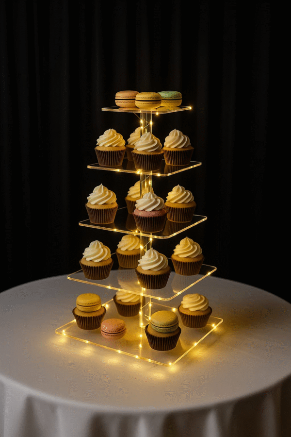 Acrylic cupcake stand for displaying desserts at events.