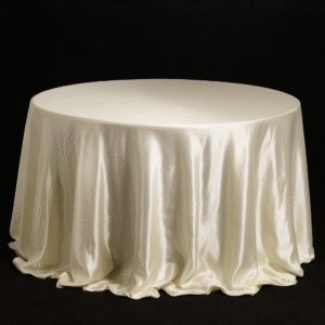 Ivory cream satin round tablecloth on an event table.