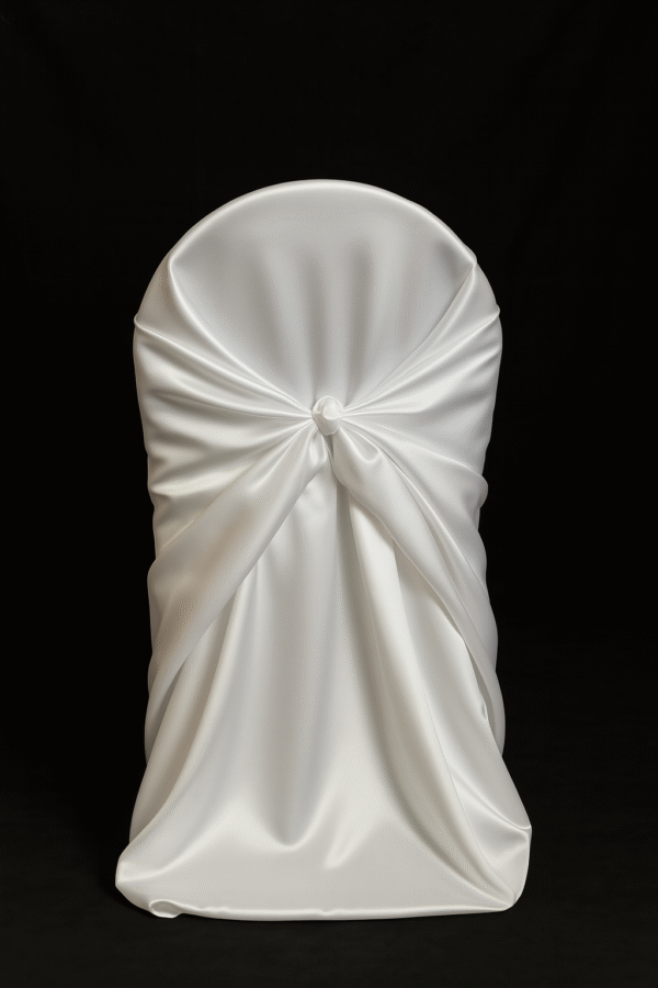 Ivory matte satin universal chair cover for weddings and events.