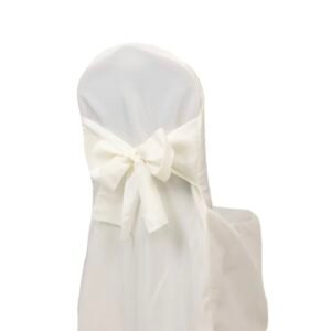 Ivory polyester chair cover with built-in sash for weddings and events.