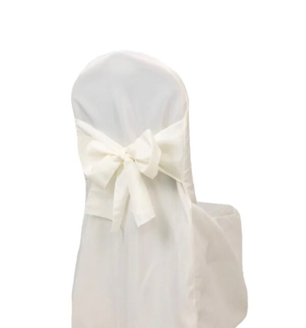 Ivory polyester chair cover with built-in sash for weddings and events.