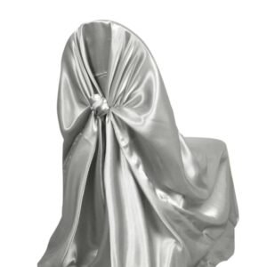Silver satin universal chair cover for weddings, parties, and formal events.