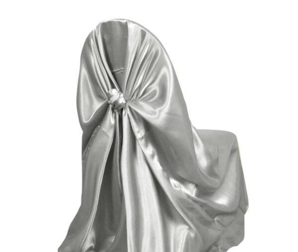 Silver satin universal chair cover for weddings, parties, and formal events.