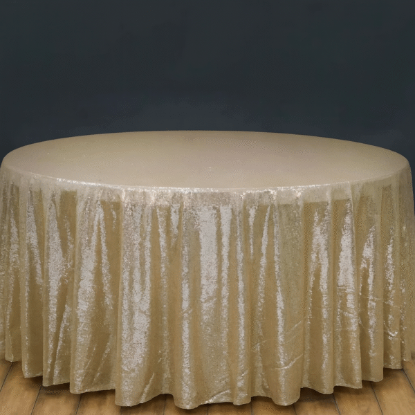 Champagne sequin round tablecloth on an event table.