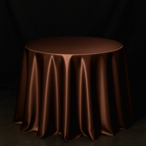 Brown round tablecloth covering for event or party.