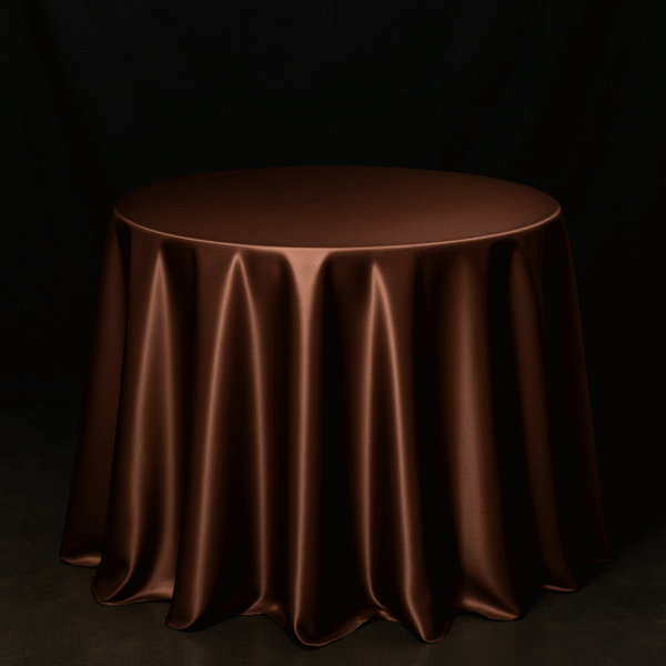 Brown round tablecloth covering for event or party.