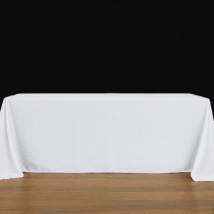 White rectangle tablecloth on an event table.