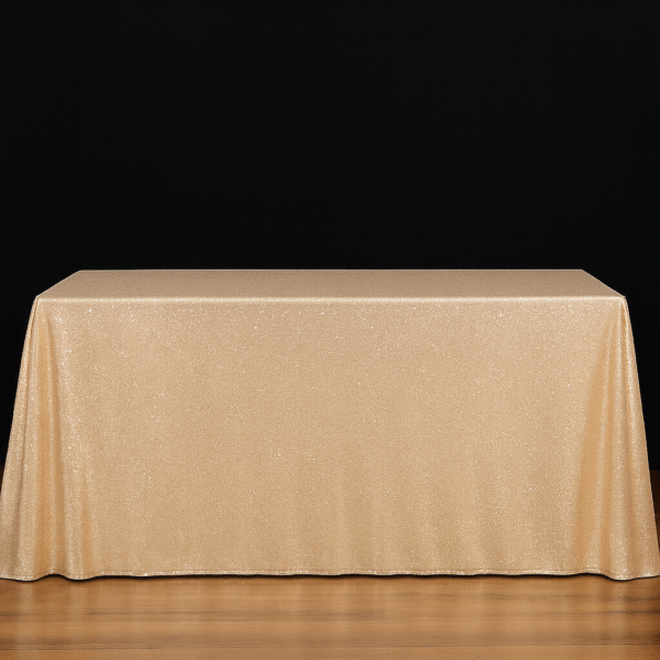 Champagne sequin rectangle tablecloth on an event table.