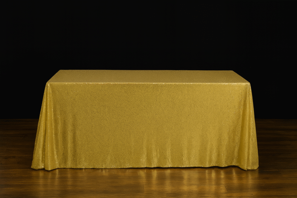 Gold sequin rectangle tablecloth on an event table.