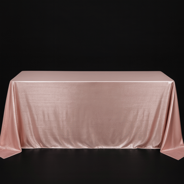 Rose gold sequin rectangle tablecloth on an event table.