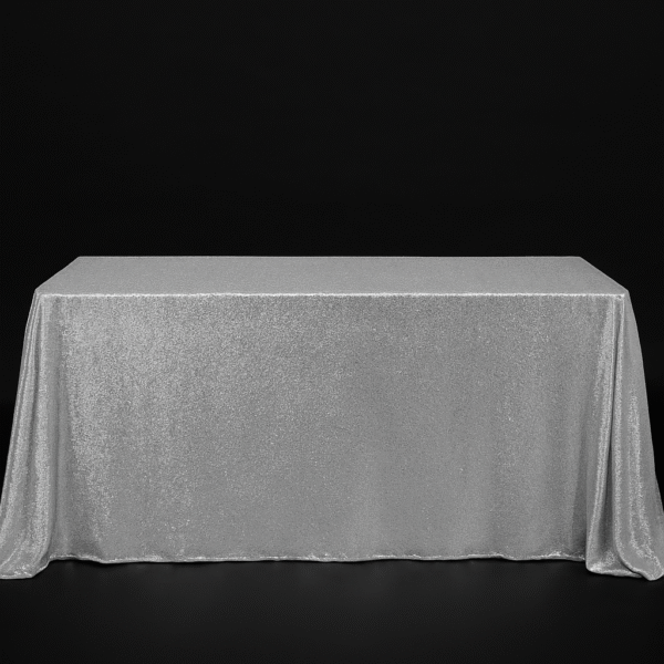 Silver sequin rectangle tablecloth on an event table.