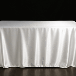 White satin rectangle tablecloth on an event table.