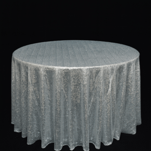 Silver sequin round tablecloth on an event table.