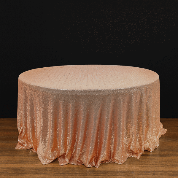 Rose gold round tablecloth on an event table.